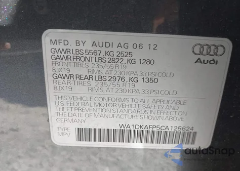 2012 Audi Q5 3.2 Premium Plus z USA, uszkodzony, nr VIN WA1DKAFP5CA125624